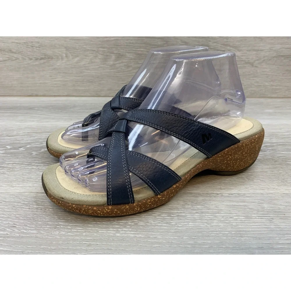Merrell Sundial Cross Mood Indigo Blue Leather Strappy Wedge Sandals Women's 8